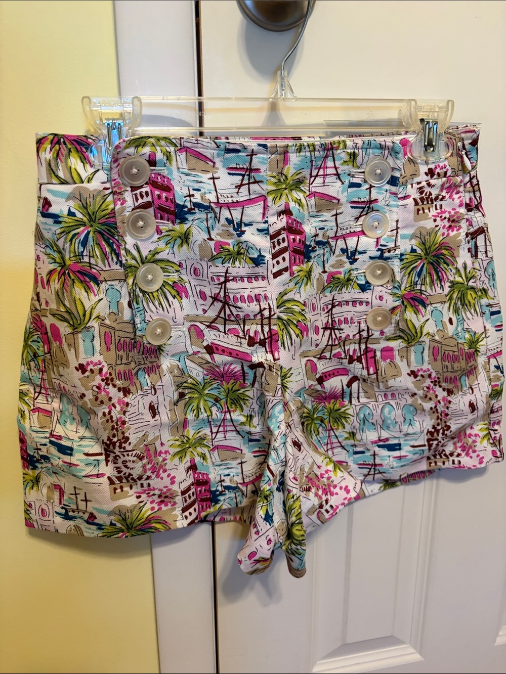 J. Crew White Tropical-Print Nautical ButtonSize 4 Button Shorts Linen Like New!